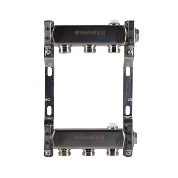 Распределительный коллектор (группа) для отопления Rommer RMS-4401-000003 ВР 1", на 3 контура 3/4" EK, нержавеющая сталь, нерегулирующий