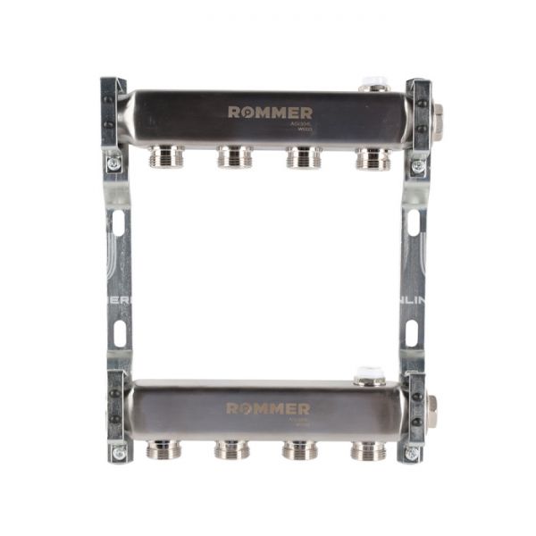 Распределительный коллектор (группа) для отопления Rommer RMS-4401-000004 ВР 1", на 4 контура 3/4" EK, нержавеющая сталь, нерегулирующий