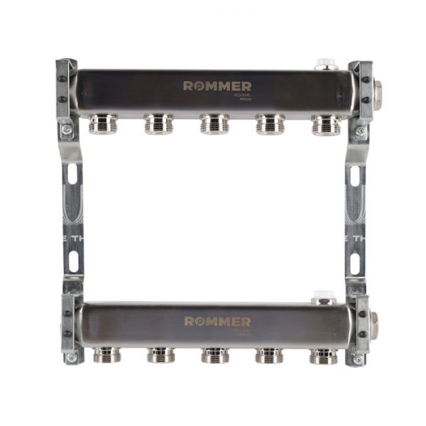 Распределительный коллектор (группа) для отопления Rommer RMS-4401-000005 ВР 1", на 5 контуров 3/4" EK, нержавеющая сталь, нерегулирующий