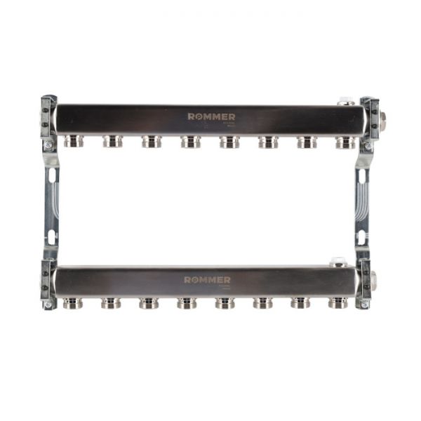 Распределительный коллектор (группа) для отопления Rommer RMS-4401-000008 ВР 1", на 8 контуров 3/4" EK, нержавеющая сталь, нерегулирующий