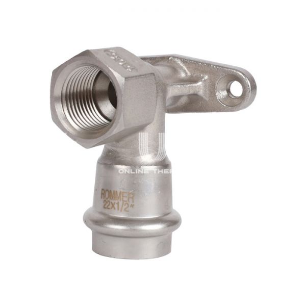Угольник настенный (водорозетка) однораструбный с внутренней резьбой Rommer RSS-0011-002212, 1/2"?22 мм, пресс-обжим