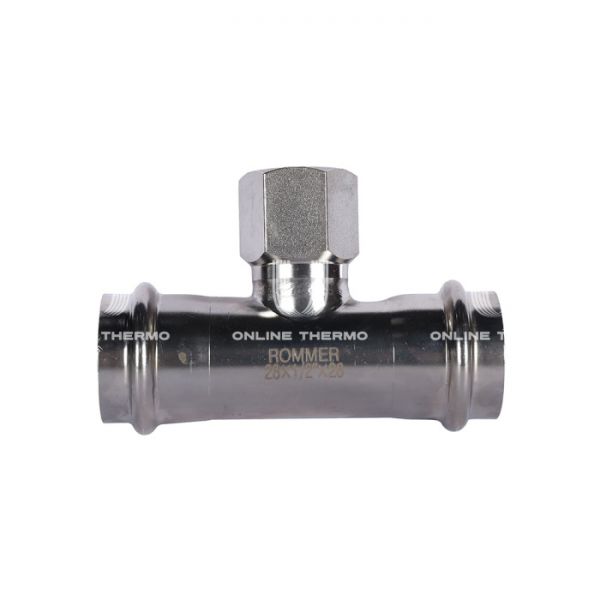 Тройник двураструбный переходной с внутренней резьбой Rommer RSS-0015-002812, 1/2"?28 мм, пресс-обжим