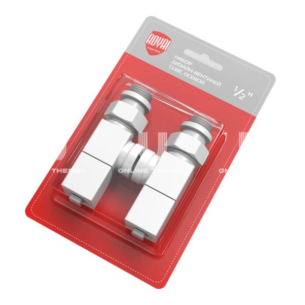 Комплект дизайнерских радиаторных осевых клапанов ручной регулировки Royal Thermo Cube RTE 56.0003 1/2" ВР-НР, белый, 2 шт.