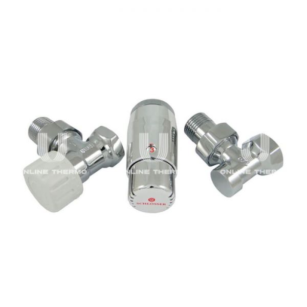 Комплект Schlosser Standard Mini из термостатического и запорного клапана 1/2"х1/2" ВР-НР и термоголовки Mini Diamant М30х1.5 602200060, угловой, без преднастройки