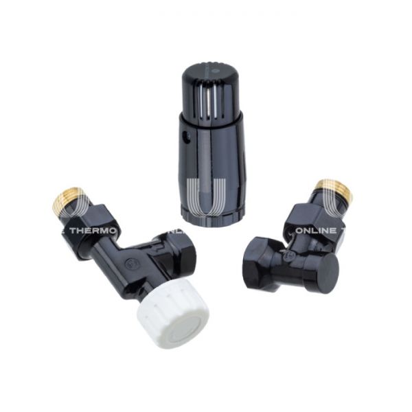 Комплект Schlosser Standard Mini из термостатического и запорного клапана 1/2"х1/2" ВР-НР и термоголовки Mini Diamant М30х1.5 602200126 Ral 9005, осевой, без преднастройки