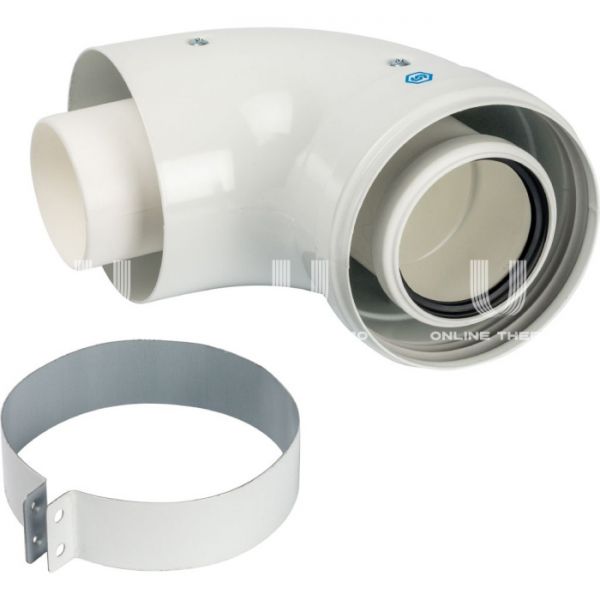 Элемент дымохода Stout конд. адаптер 90° DN60/100 м/п PP-FE c хомутом (совместим. с Vaillant, Ariston)