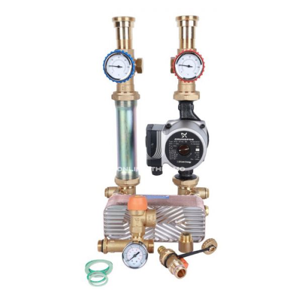 Насосная группа Stout SDG-0038-282502 DN 25 (1") с разделительным теплобменником (28 пластин) и насосом Grundfos UPSO 25-65, подача справа