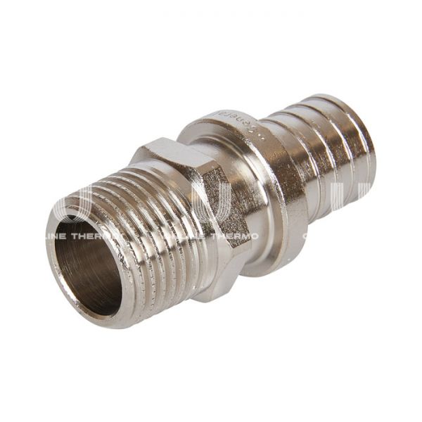 Переходник с наружной резьбой Stout 20х2.0x1/2" никелированный для труб из сшитого полиэтилена аксиальный