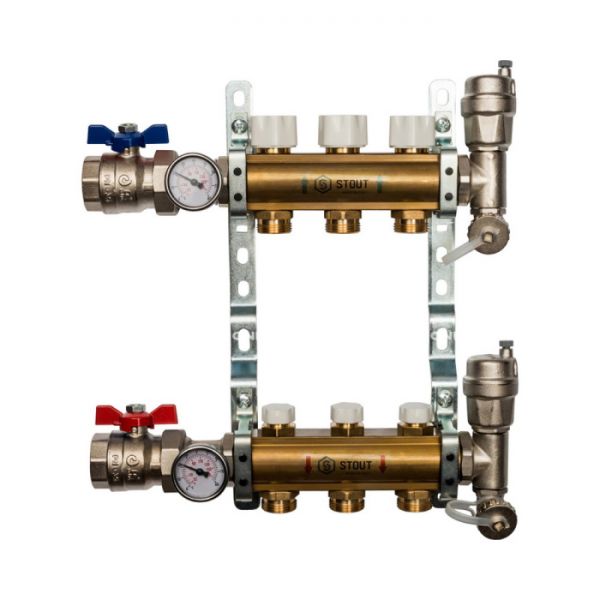Распределительный коллектор Stout из латуни без расходомеров 3 вых.