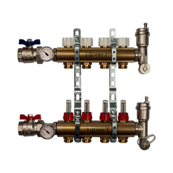 Распределительный коллектор Stout из латуни с расходомерами 4 вых.