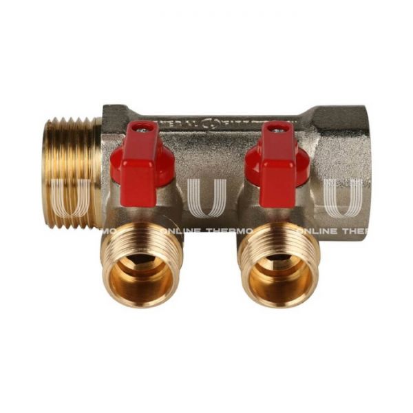 Коллектор Stout с шаровыми кранами 1", 2 отвода 1/2" (красные ручки)