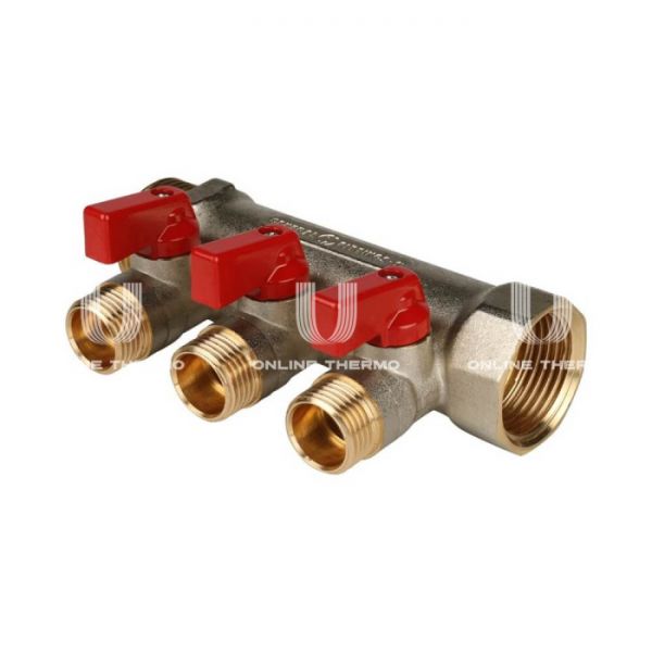 Коллектор Stout с шаровыми кранами 1", 3 отвода 1/2" (красные ручки)