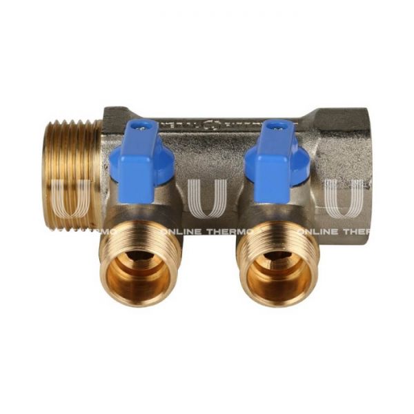 Коллектор Stout с шаровыми кранами 1", 2 отвода 1/2" (синие ручки)