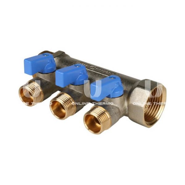 Коллектор Stout с шаровыми кранами 1", 3 отвода 1/2" (синие ручки)