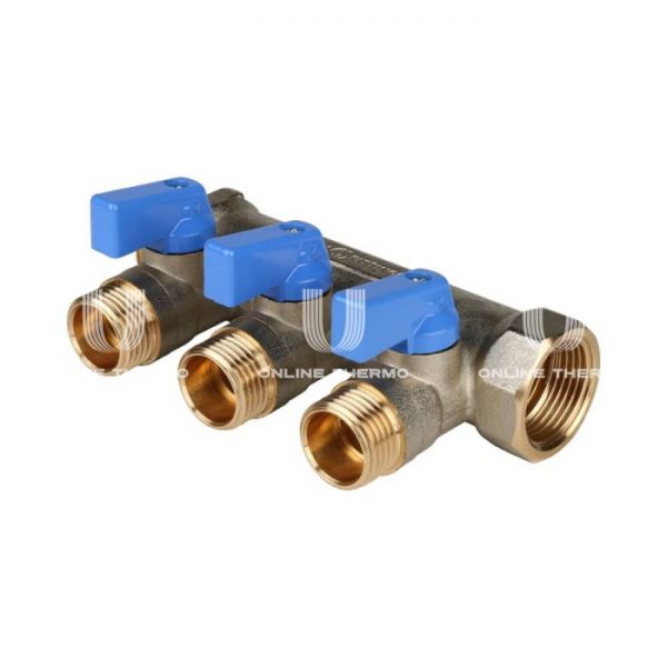 Коллектор Stout с шаровыми кранами 3/4", 3 отвода 1/2" (синие ручки)
