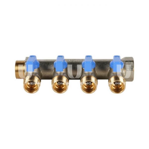Коллектор Stout с шаровыми кранами 3/4", 4 отвода 1/2" (синие ручки)