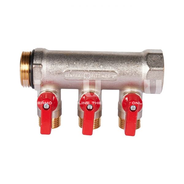 Коллектор Stout с шаровыми кранами SMB 6210 1", 3 отвода 1/2" (красные ручки)