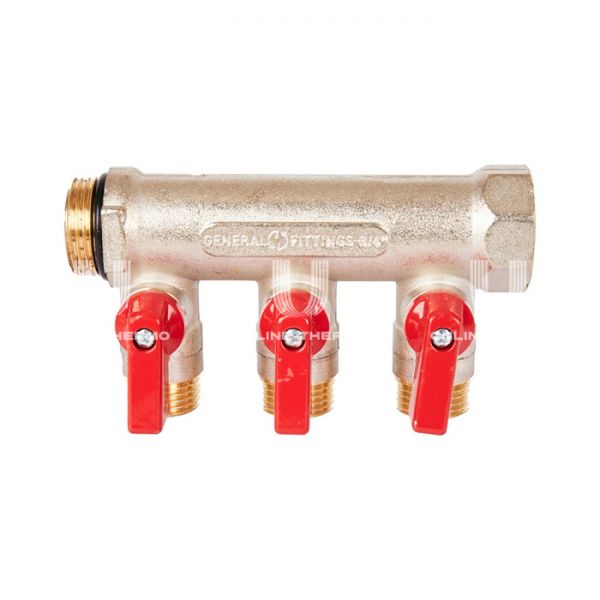 Коллектор Stout с шаровыми кранами SMB 6210 3/4", 3 отвода 1/2" (красные ручки)