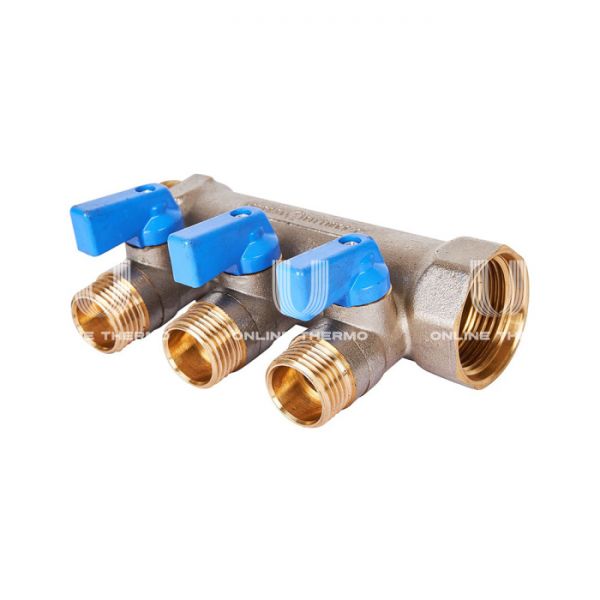 Коллектор Stout с шаровыми кранами SMB 6211 1", 3 отвода 1/2" (синие ручки)
