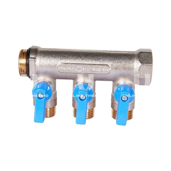 Коллектор Stout с шаровыми кранами SMB 6211 3/4", 3 отвода 1/2" (синие ручки)