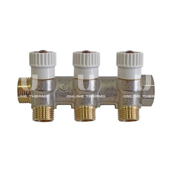 Коллектор распределительный с запорными клапанами Stout 3/4", 3 отвода 1/2" плоское уплотнение