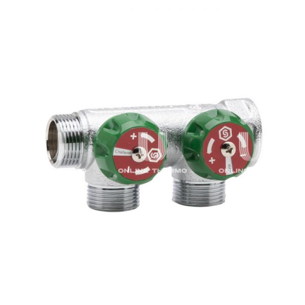 Регулирующий проходной коллектор Stout SMB 6849 341202 3/4" ВР-НР, на 2 контура 1/2", модульный, плоское уплотнение