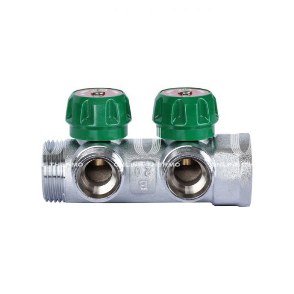 Регулирующий проходной коллектор Stout SMB-6850-013402, ВР-НР 1", на 2 контура 3/4" EK, модульный, евроконус, хромированный