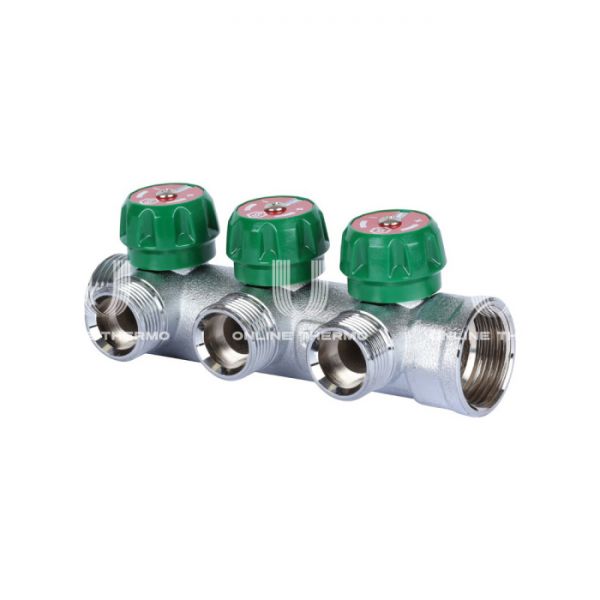 Регулирующий проходной коллектор Stout SMB-6850-013403, ВР-НР 1", на 3 контура 3/4" EK, модульный, евроконус, хромированный