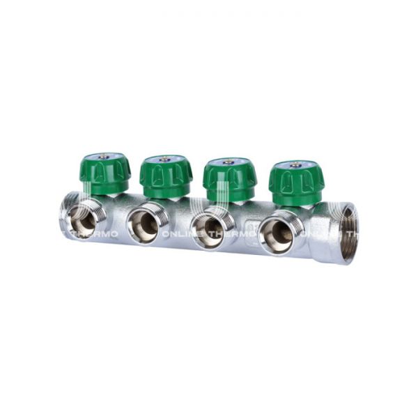 Регулирующий проходной коллектор Stout SMB-6850-013404, ВР-НР 1", на 4 контура 3/4" EK, модульный, евроконус, хромированный