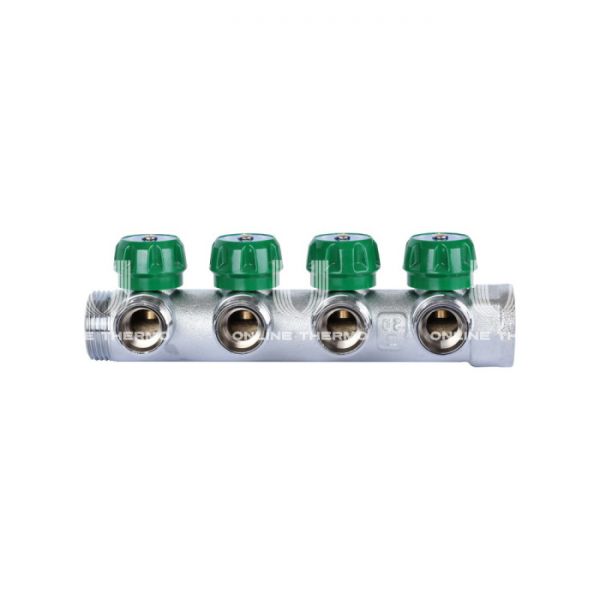 Регулирующий проходной коллектор Stout SMB-6850-013404, ВР-НР 1", на 4 контура 3/4" EK, модульный, евроконус, хромированный