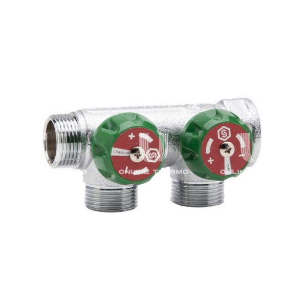 Регулирующий проходной коллектор Stout SMB-6850-343402, ВР-НР 3/4", на 2 контура 3/4" EK, модульный, евроконус, хромированный