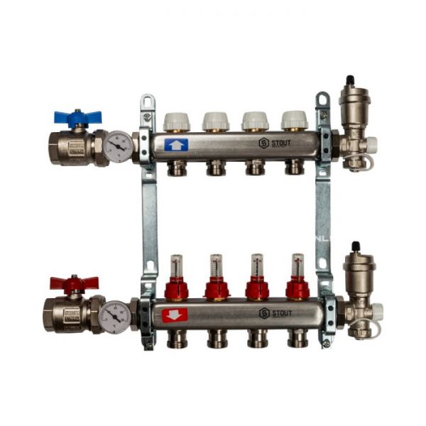 Коллектор Stout из нержавеющей стали в сборе с расходомерами 4 вых.