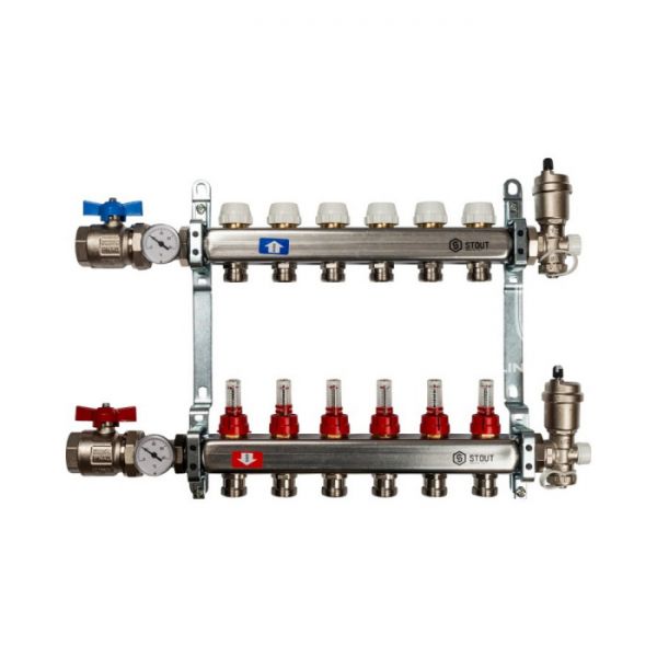Коллектор Stout из нержавеющей стали в сборе с расходомерами 6 вых.
