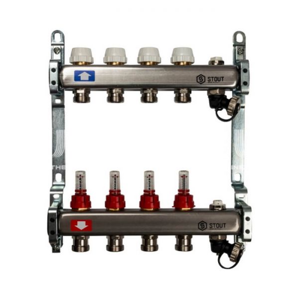 Коллектор Stout из нержавеющей стали с расходомерами, с воздухоотв. и сливом 4 вых.