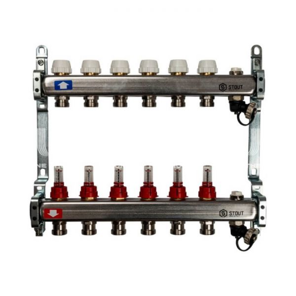 Коллектор Stout из нержавеющей стали с расходомерами, с воздухоотв. и сливом 6 вых.