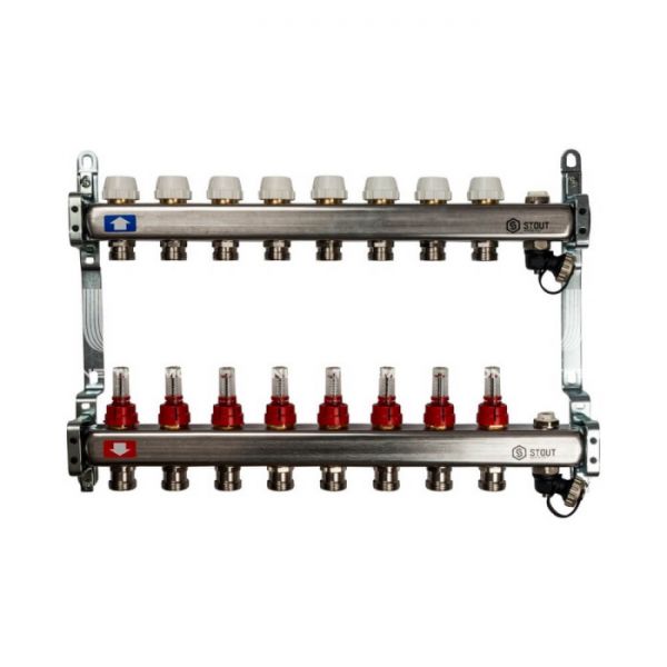 Коллектор Stout из нержавеющей стали с расходомерами, с воздухоотв. и сливом 8 вых.