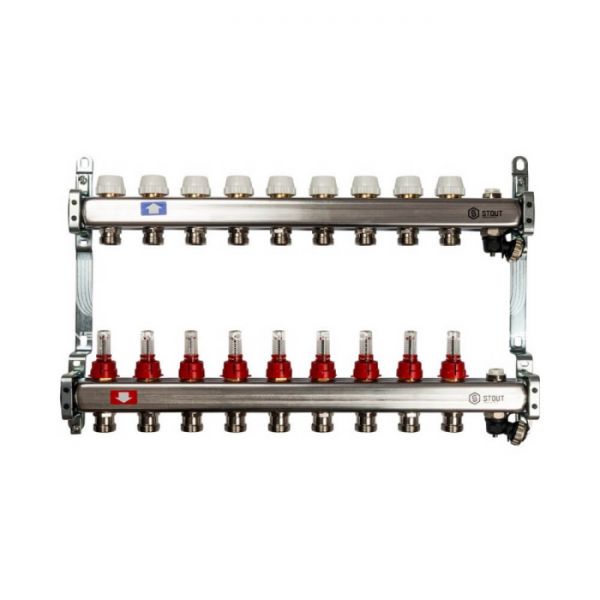 Коллектор Stout из нержавеющей стали с расходомерами, с воздухоотв. и сливом 9 вых.