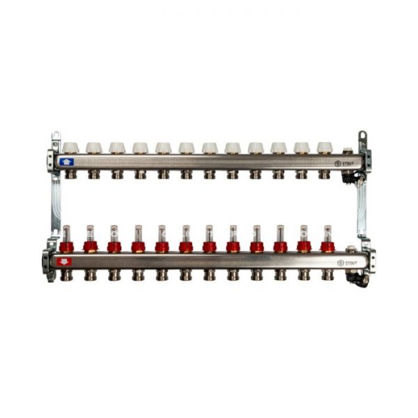 Коллектор Stout из нержавеющей стали с расходомерами, с воздухоотв. и сливом 12 вых.