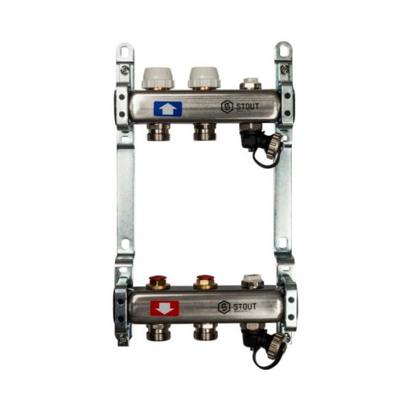 Коллектор Stout из нержавеющей стали без расходомеров, с воздухоотв. и сливом 2 вых.
