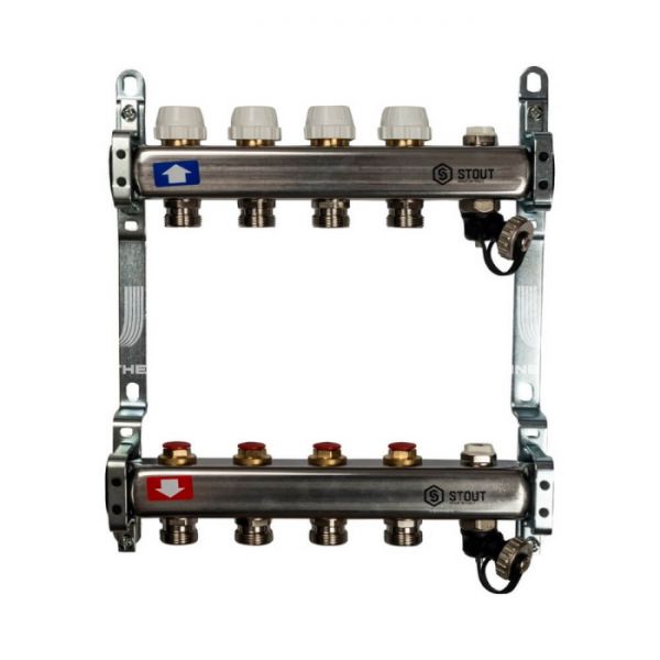 Коллектор Stout из нержавеющей стали без расходомеров, с воздухоотв. и сливом 4 вых.