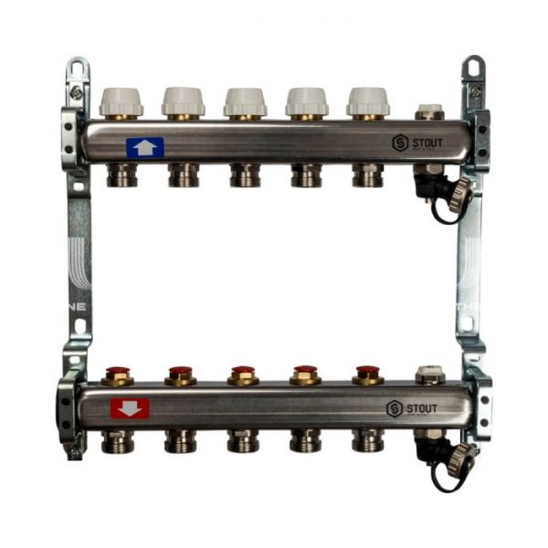 Коллектор Stout из нержавеющей стали без расходомеров, с воздухоотв. и сливом 5 вых.