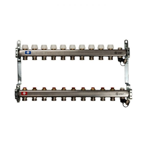 Коллектор Stout из нержавеющей стали без расходомеров, с воздухоотв. и сливом 10 вых.