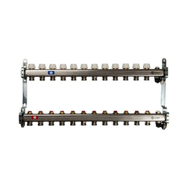 Коллектор Stout из нержавеющей стали без расходомеров, с воздухоотв. и сливом 12 вых.