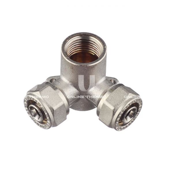 Тройник настенный (водорозетка) Tiemme 1600063, 16x1/2''x16, никелированный, компрессионный, с креплением