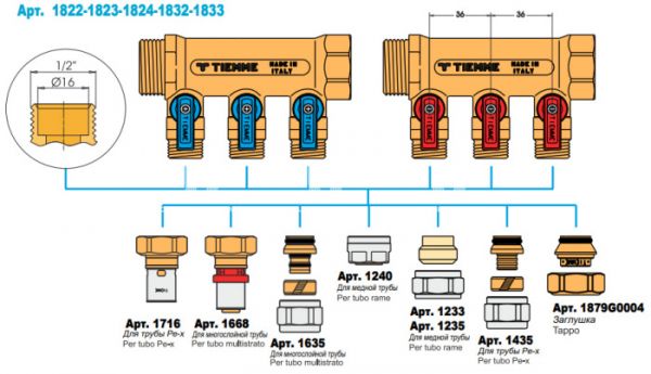 Коллектор Tiemme с шаровыми кранами Nino 1820007 ВР-НР 1" на 3 контура НР 1/2", модульный, никелированный
