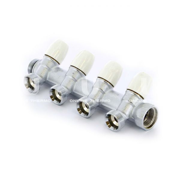 Коллектор распределительный с запорными клапанами Tiemme Maxima 1860015 ВР-НР 3/4", на 4 контура НР 3/4", модульный, конусное соединение, хромированный