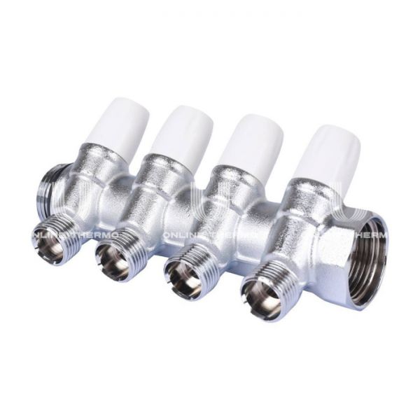 Коллектор распределительный с запорными клапанами Tiemme Maxima 1860020 ВР-НР 1", на 4 контура НР 1/2", модульный, хромированный