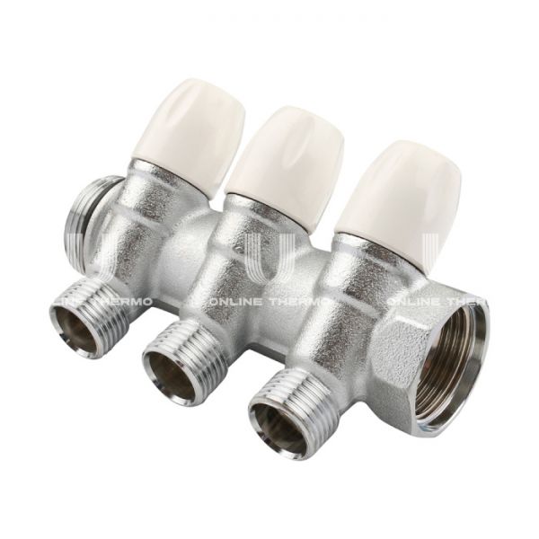 Коллектор распределительный с запорными клапанами Tiemme Maxima 1860021 ВР-НР 1", на 3 контура НР 1/2", модульный, хромированный