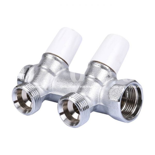 Коллектор распределительный с запорными клапанами Tiemme Maxima 1860024 ВР-НР 1", на 2 контура НР 3/4", модульный, конусное соединение, хромированный