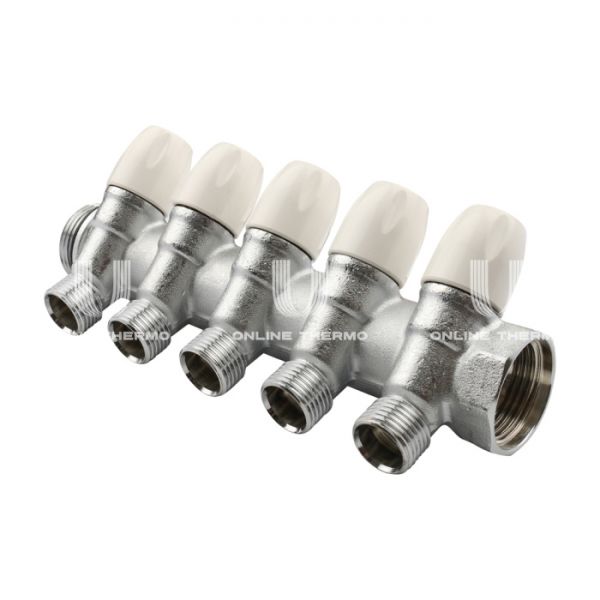 Коллектор распределительный с запорными клапанами Tiemme Maxima 1860028 ВР-НР 1", на 5 контуров НР 1/2", модульный, хромированный